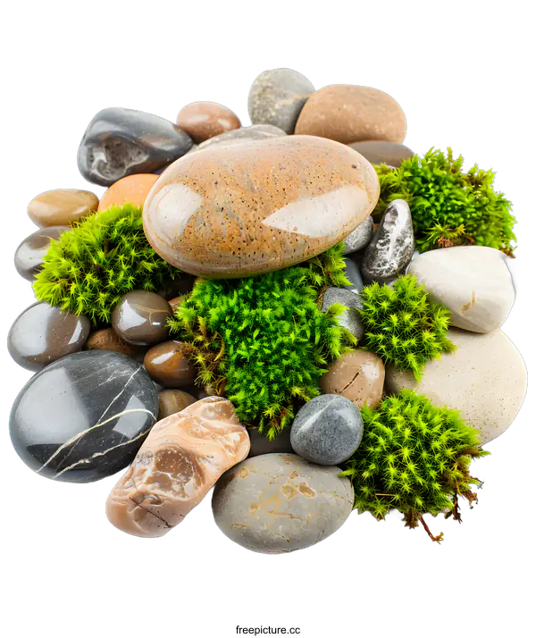 [Transparent Background PNG]Smooth Stones and Green Moss Isolated on White Background
