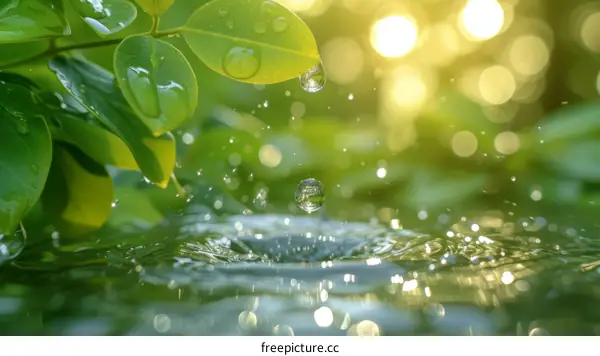 Raindrops falling on water surface with green leaves in the background