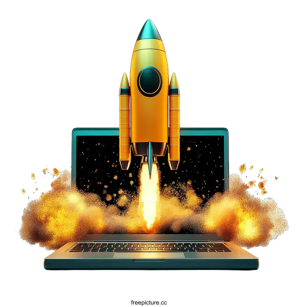 [Transparent Background PNG]Rocket Launch from a Laptop  Innovation and Technology