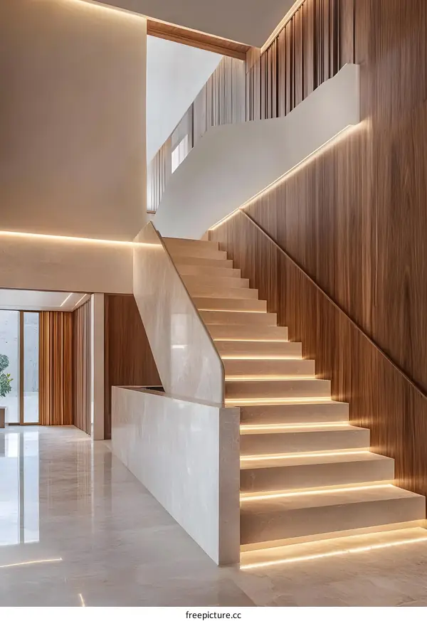 Modern Interior Design with Wooden Paneling and Marble Stairs