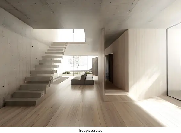 Modern Minimalist Concrete Staircase and Wooden Wall Interior Design