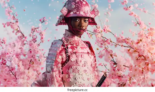 Black Samurai Warrior with Cherry Blossoms