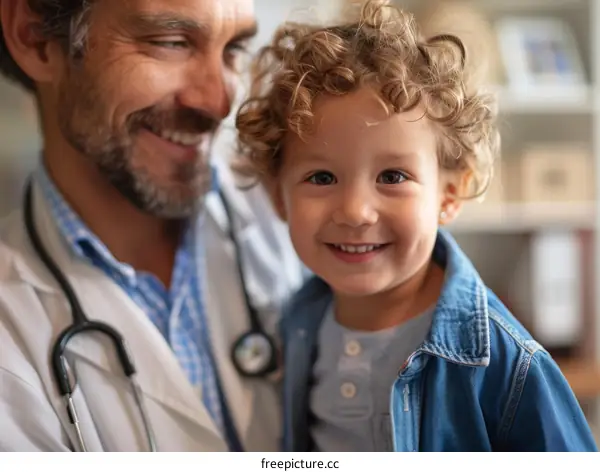 Pediatrician examining a smiling toddler