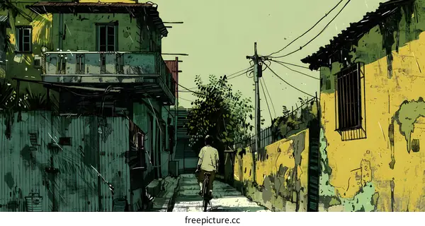 Man Riding Bicycle Through Narrow Alleyway