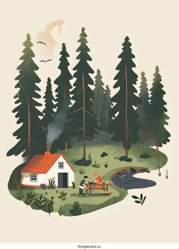 Two People Cooking at a Cabin in the Woods