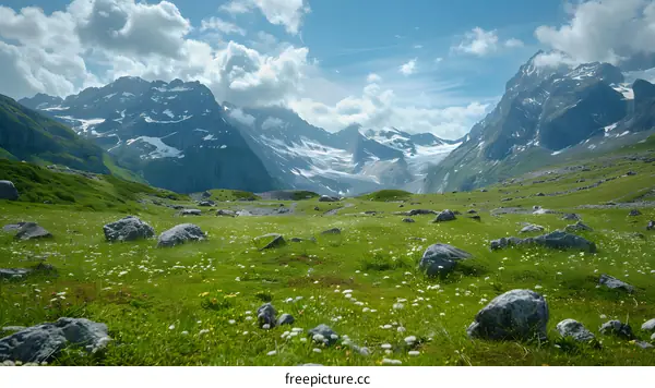 Beautiful mountain landscape with green meadow and snow-capped mountains