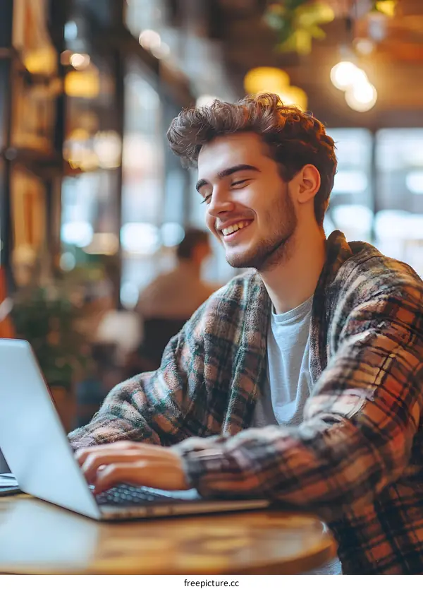 Smiling Man Working on Laptop in Cafe