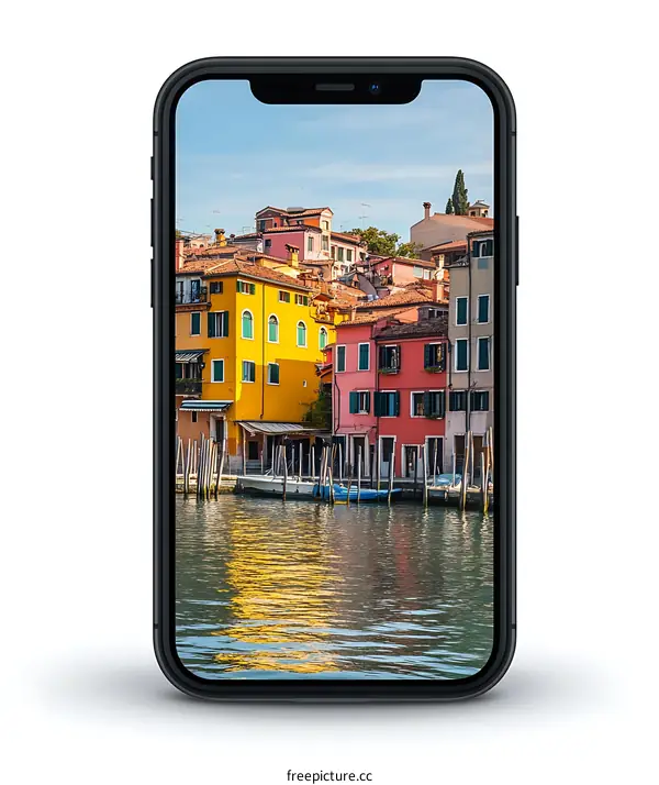 Colorful Buildings Reflected in Water on a Smartphone Screen