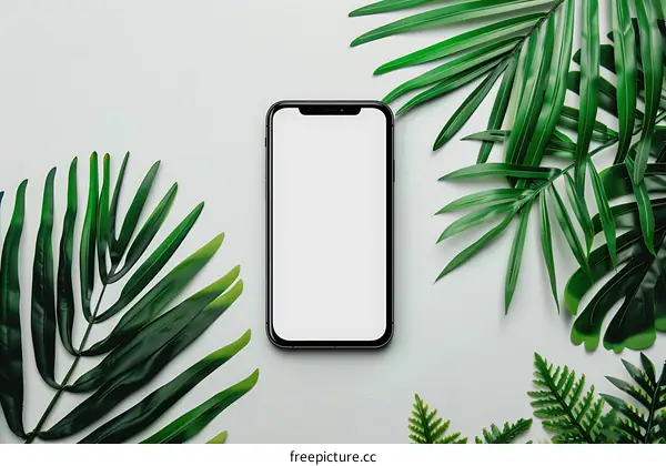 White Background with Smartphone and Green Leaves