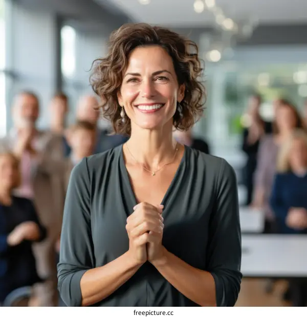 Confident businesswoman with her team in the background