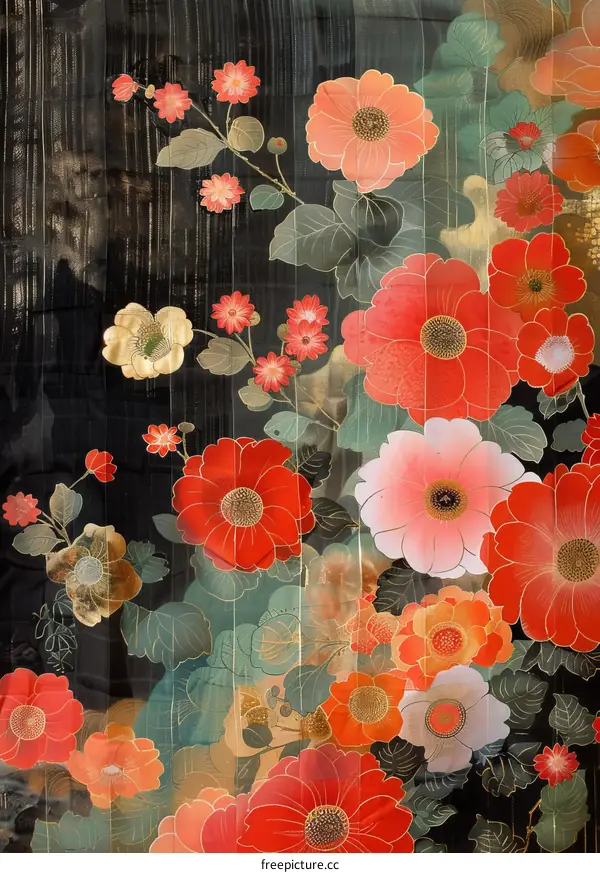 Black Background with Red and White Flowers