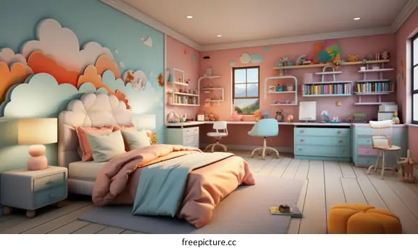 A bedroom with a cloud theme