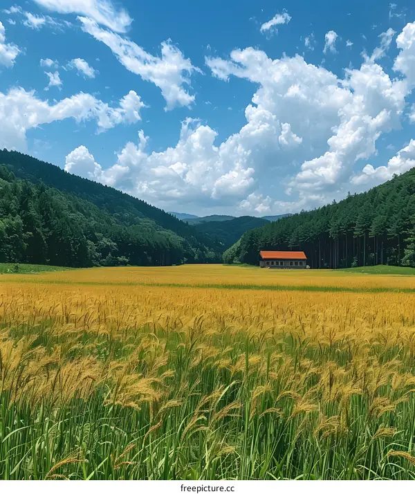 A golden rice field with a barn in the distance