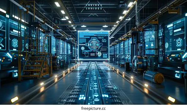 futuristic factory interior with conveyor belt and digital screens