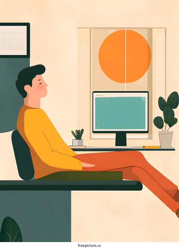 Man Sitting At Computer Desk With Window Behind