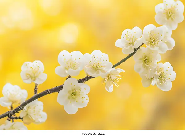 White Plum Blossoms on Branch Against Yellow Background