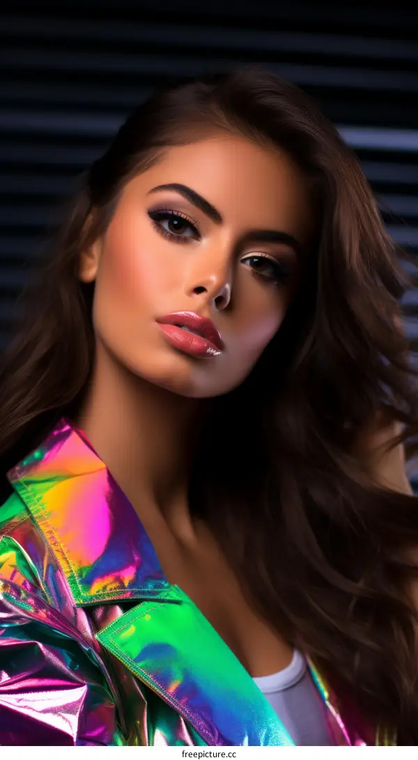 Fashion model with dark hair wearing a colorful jacket