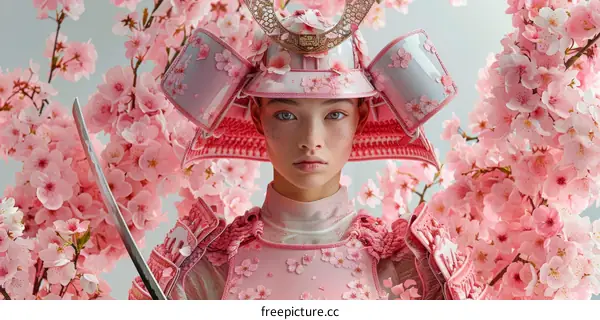 Portrait of a young woman in a pink samurai armor with cherry blossoms