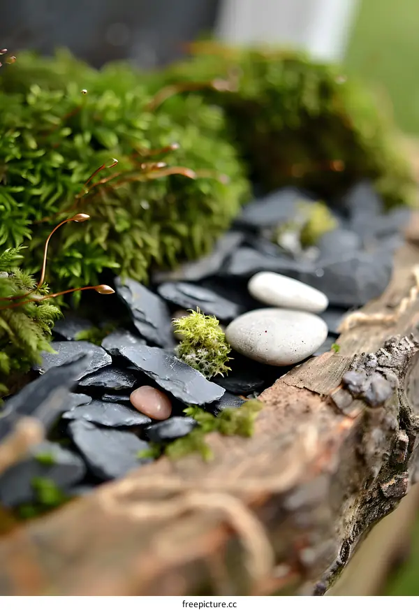 Closeup of Moss and Stones in a Wooden Planter