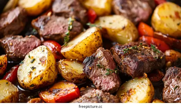 Roasted Beef and Potatoes Dish Close-up