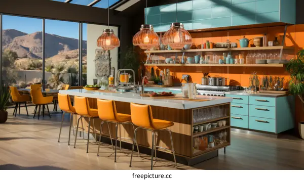 Modern kitchen with large island and colorful cabinets