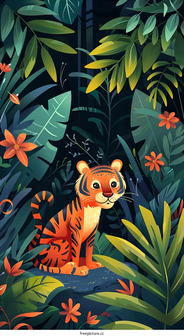 Cute Tiger Sitting In Jungle Illustration