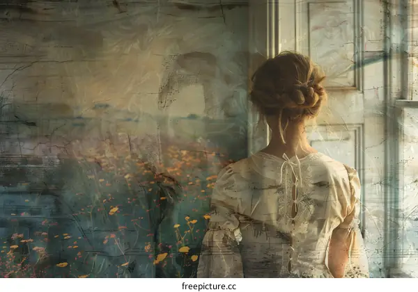 woman in white dress looking out window at field of flowers