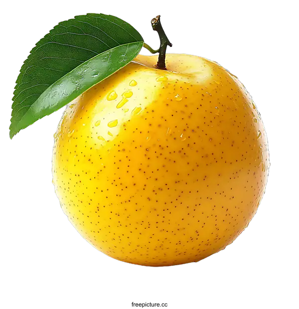 [Transparent Background PNG]Fresh Yellow Pear with Green Leaf