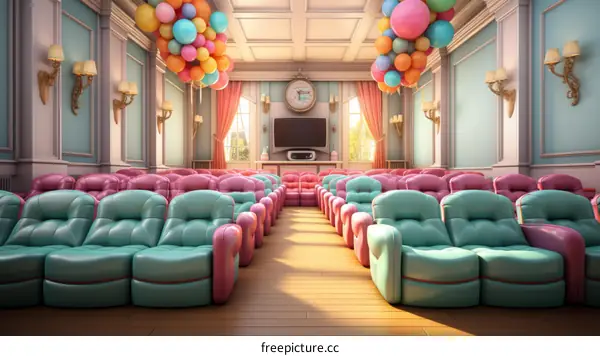 A beautiful living room with pink and green armchairs and colorful balloons