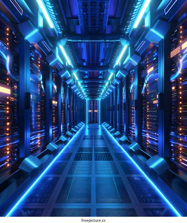 Futuristic server room with blue neon lights