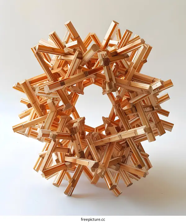 A wooden sculpture resembling a virus or a molecular structure
