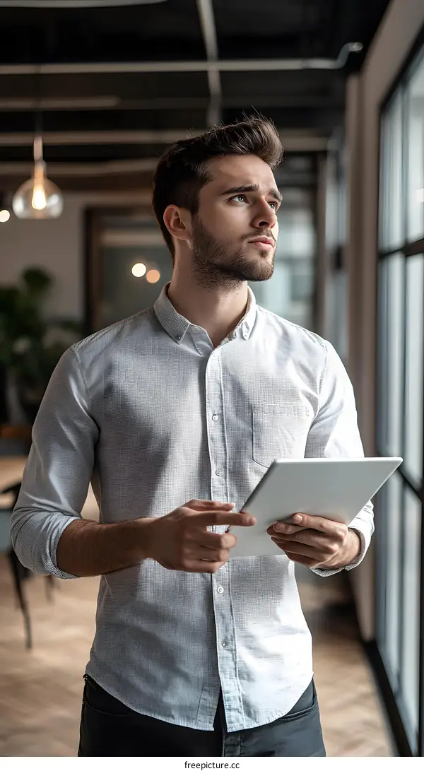 Caucasian Man Using Digital Tablet in Office