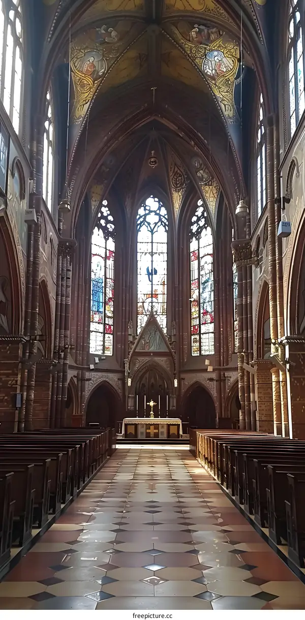 the interior of a church with stained glass windows