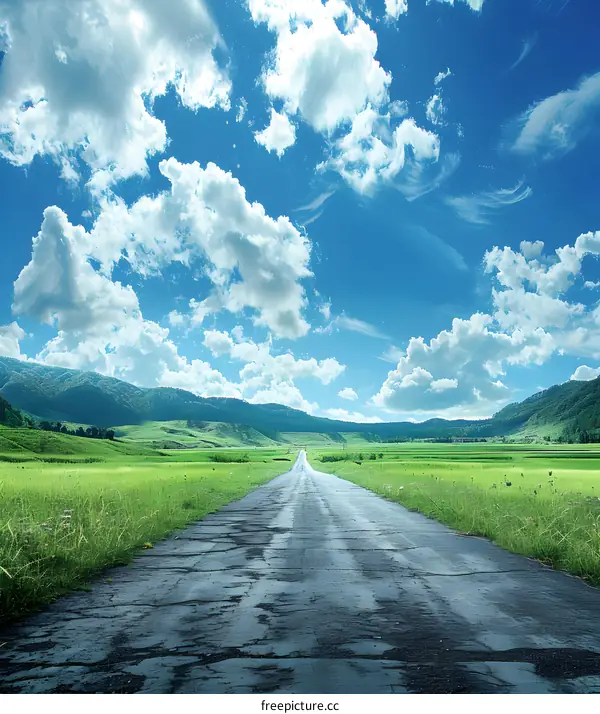 Asphalt Road Leading Through Green Field Under Blue Sky With Clouds