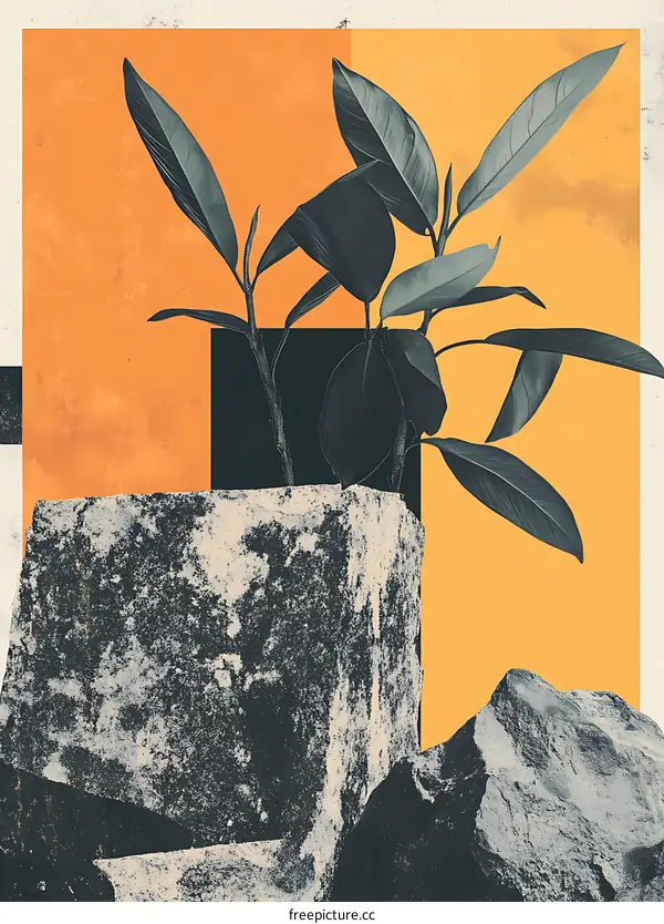 Abstract Minimalist Collage With Green Leaves And Stone