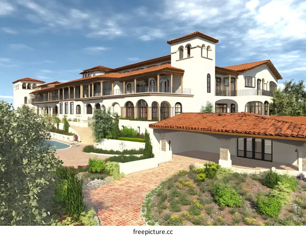 Mediterranean Style Villa with a Pool and Lush Landscape