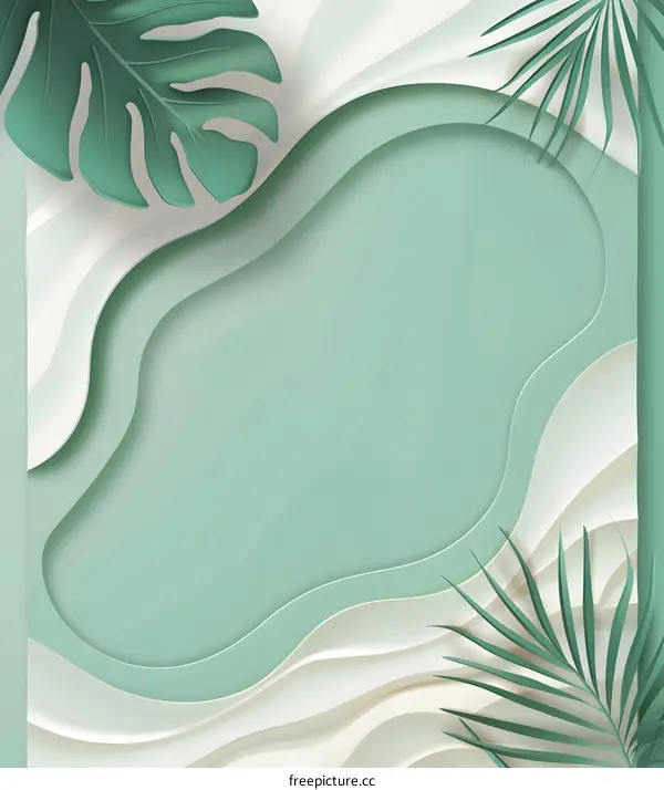 Abstract Green and White Papercut Background with Tropical Leaves