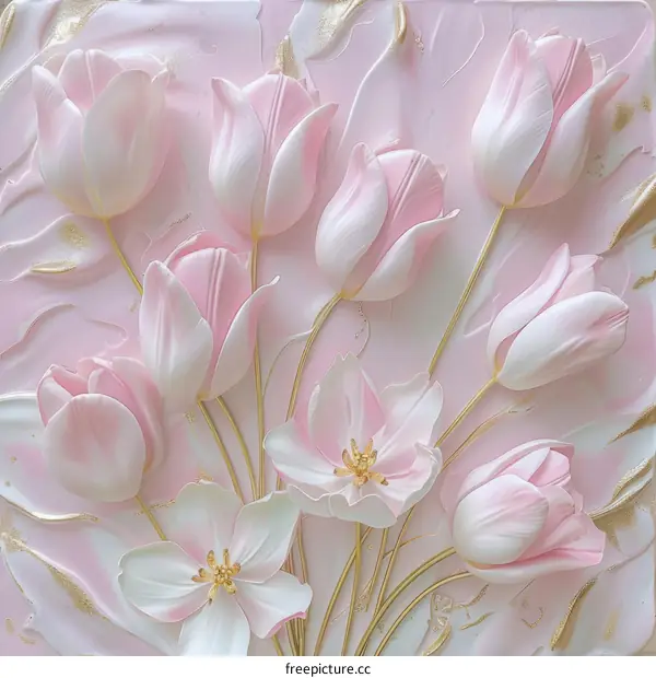 Pink and white tulips and other flowers with gold accents on a pink background