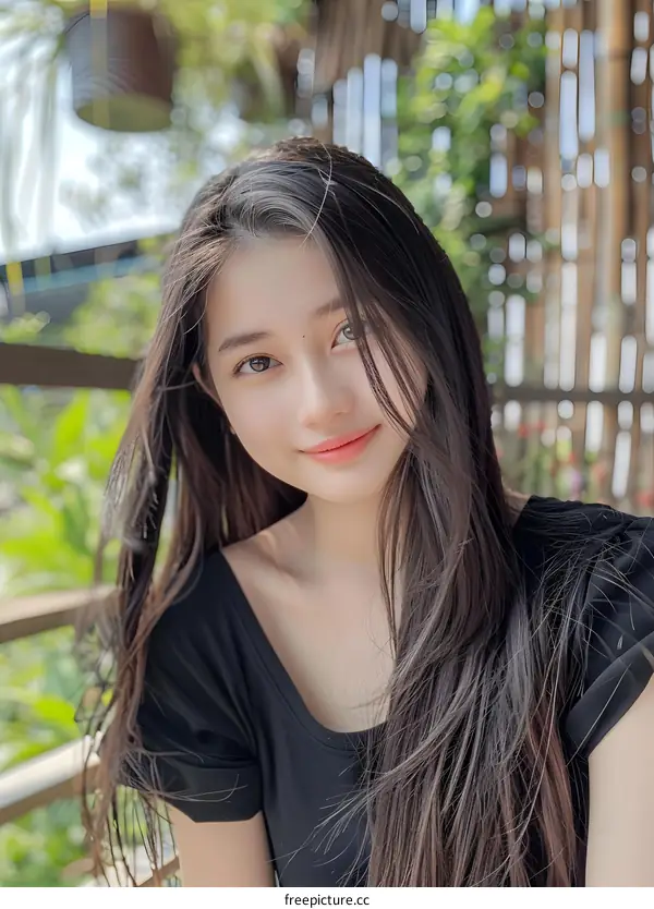 Beautiful Asian Girl With Long Hair Smiling Outdoors