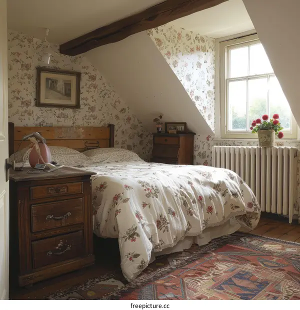 A cozy bedroom with a floral duvet cover and a window seat