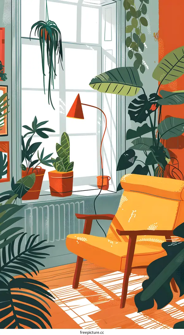 Modern Illustration of a Living Room with a Yellow Chair and Plants