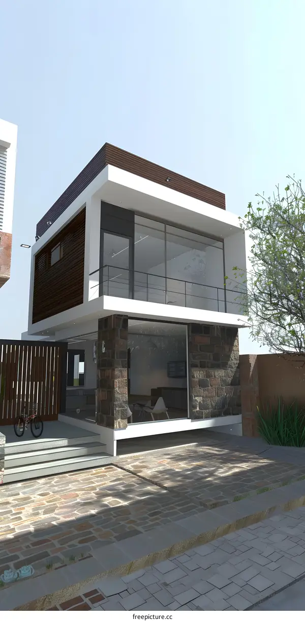 Modern House Design With Stone Wall And Wooden Paneling