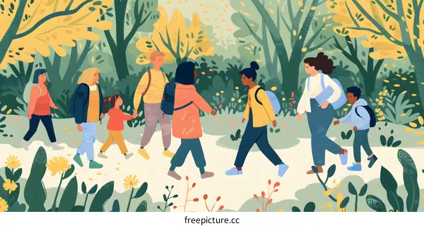 Group of People Walking Through the Forest