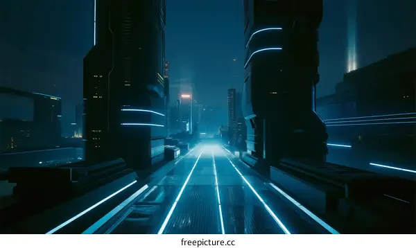 Futuristic Cityscape with Glowing Neon Pathways at Night