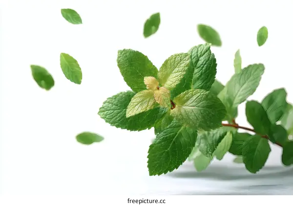 Fresh Mint Leaves in Motion Against White Background