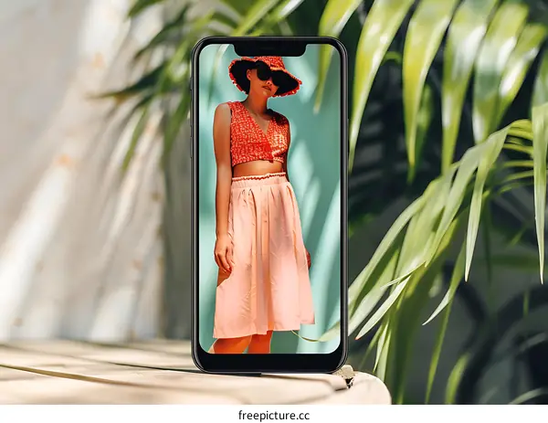 Woman in Red Crop Top and Pink Skirt on Phone Screen