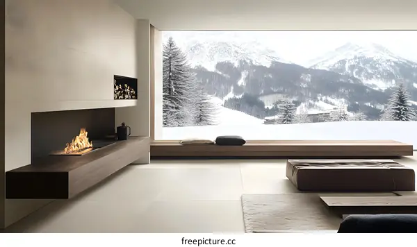 Modern Minimalist Living Room with Fireplace and Mountain View