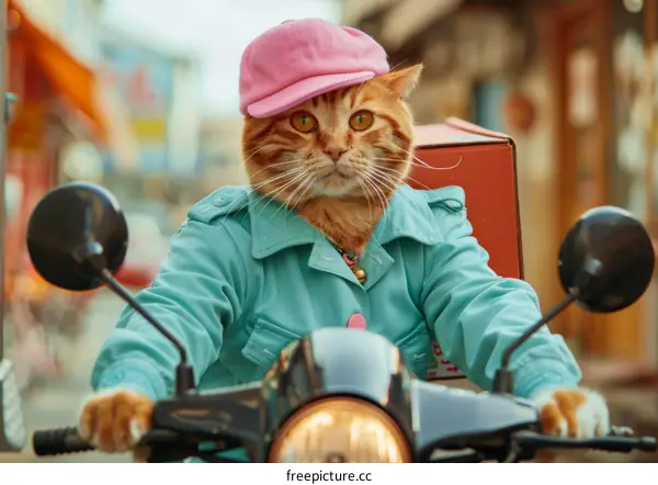 Cat in a pink hat rides a scooter and makes a food delivery