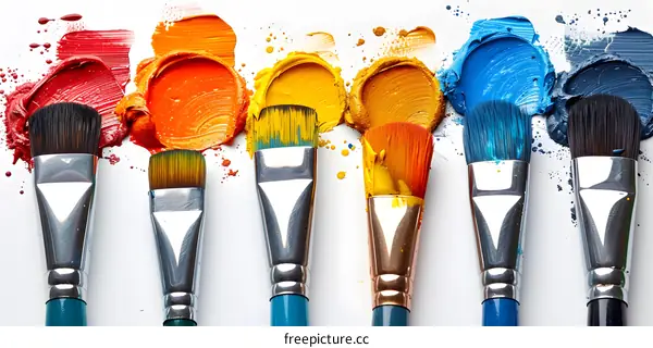 Colorful paintbrushes and acrylic paint strokes