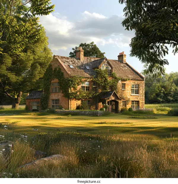 English style countryside house with trees and field